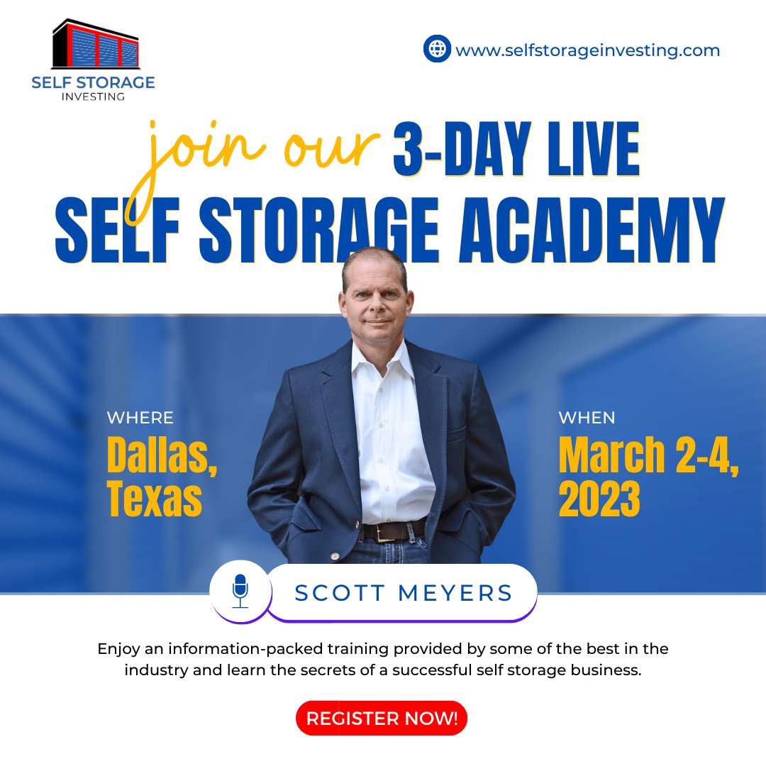 Everybody is talking about owning #selfstorage someday . . .STOP talking about it and DO IT !!

We can help! Join us in Dallas, Texas - March 2 - 4th - and we will make your dream a REALITY.

selfstorageinvesting.com/live-events

#wealthbuilder #passiveincome #wealthcreation