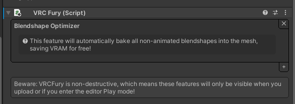 SenkyDragon's tweet image. Back once again with another new @VRChat avatar tool. VRCFury&apos;s &quot;Blendshape Optimizer&quot; will automatically bake all non-animated blendshapes into the mesh, saving you VRAM with no effort. Just slap it on your avatar, and it works automatically! vrcfury.com