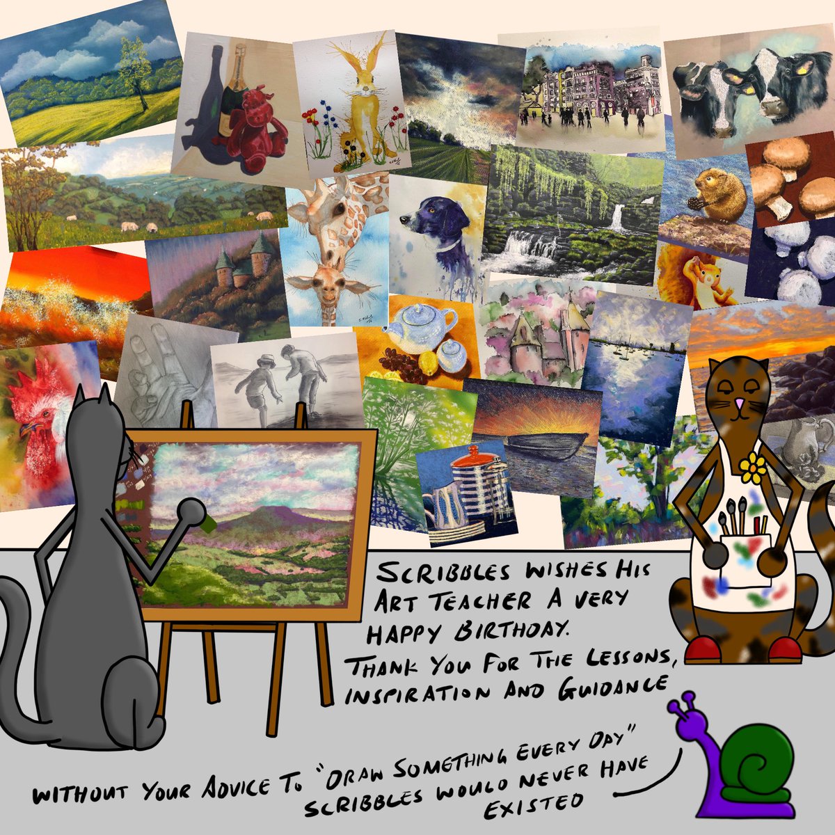 Scribbles wishes his art teacher a very happy birthday. Thank you for all the lessons, inspiration and guidance #HappyBirthday #ThankYou #Art #ArtClasses #ArtLessons @tirzasnook #17thFebruary2023 #CatsOnTwitter #CatsOfTwitter #thisisscribbles