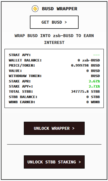 The zsb-BUSD strategy was just updated to make it even more resilient to $USX depegging events! Users deposit only BUSD into <a href="/dForcenet/">dForce</a>, which is lent out as collateral to borrow and use $USX.

In fact, users may actually gain in BUSD if $USX depegs!

stabilize.finance/bsc/wrap/