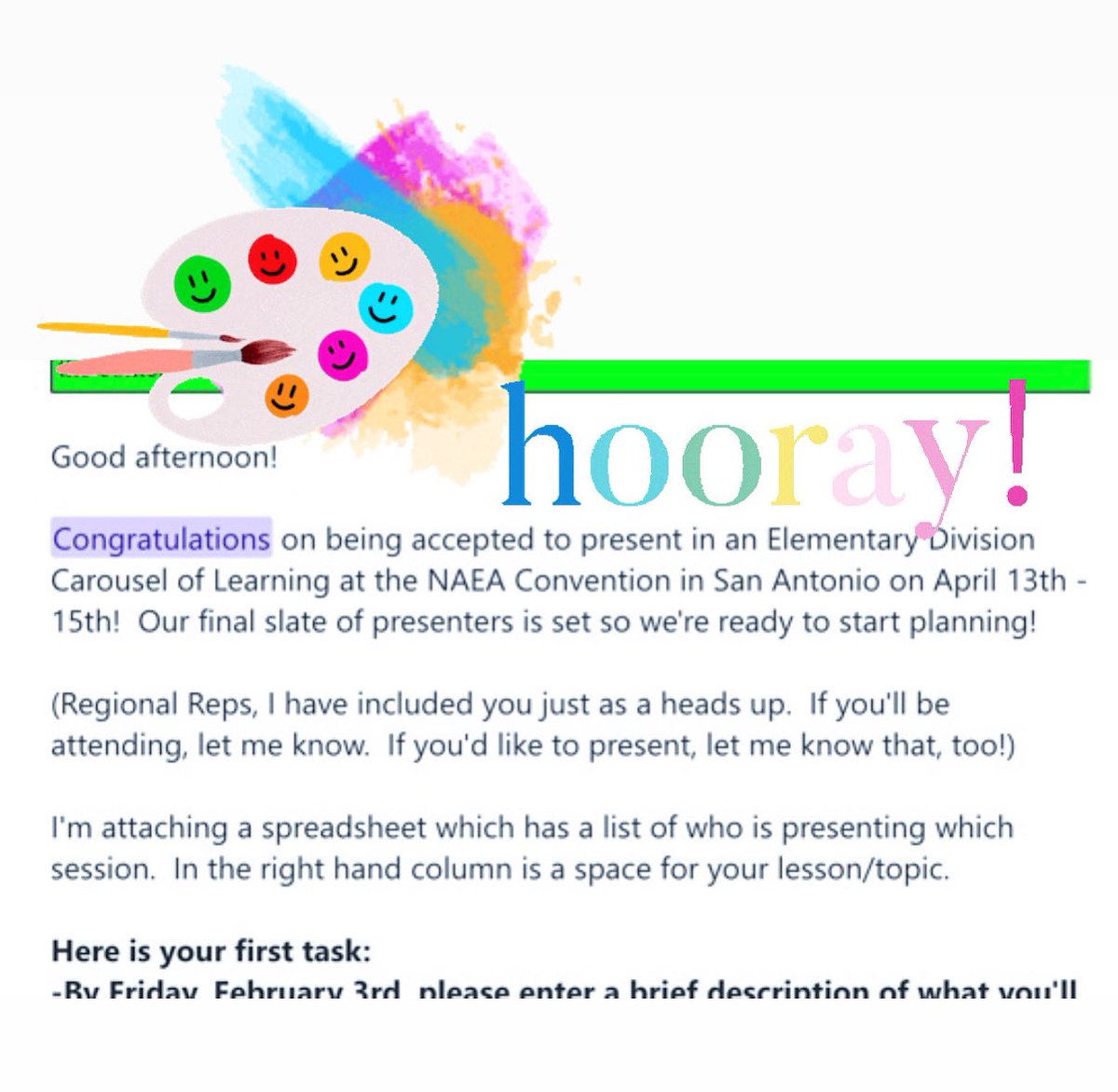 WaldenStacey's tweet photo. Hooray! Got some exciting news—I will be presenting as part of the Elementary Carousel sessions at NAEA23! I am thrilled to be part of the Make &amp; Take and Lesson Plan sessions! See y’all in April!🥳 #naea23 #whyartmatters #elementaryart @RockHillSchools @RockTheArts2 @NAEAElemArt https://t.co/dFdIx24A0k