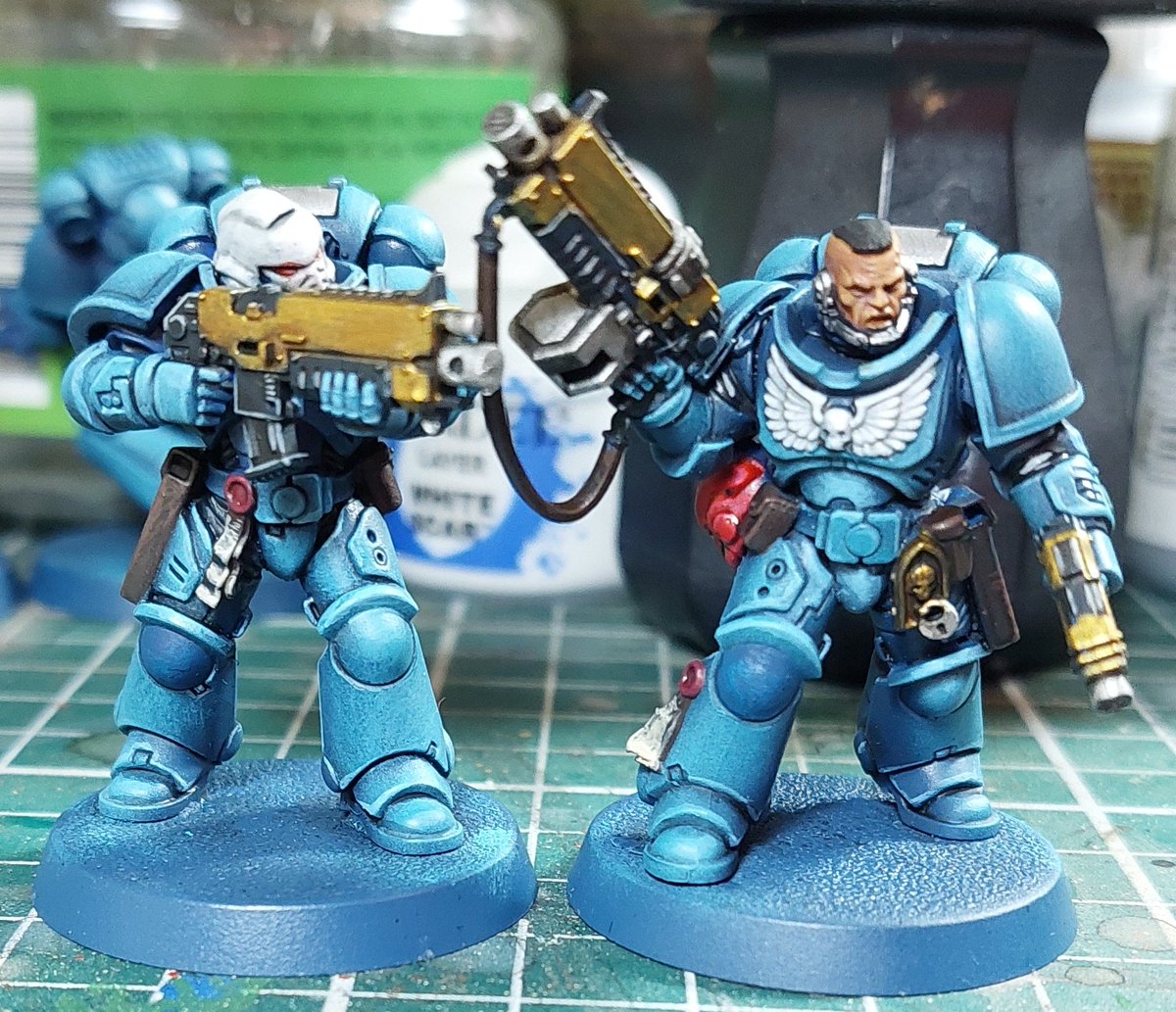 These first two #emperorsspears Intercessors are almost complete. Into the pile for decals and bases. #paintingwarhammer #WarhammerCommunity #miniaturepainting #warhammer40k #hobbystreak day 39