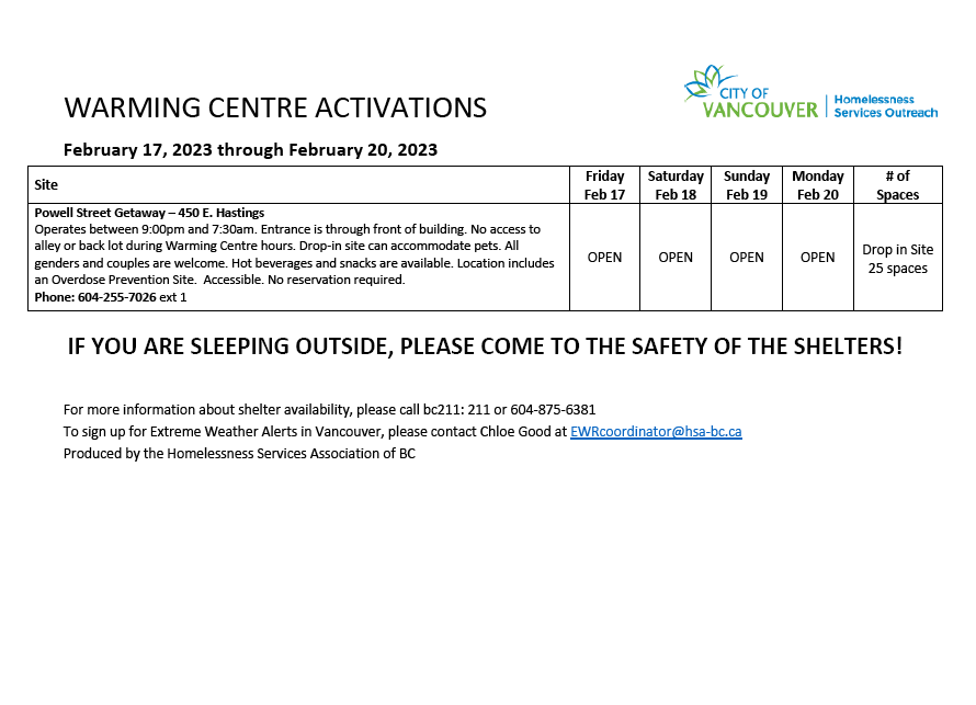 Please share: Additional shelter spaces and warming centres are available tonight through Monday, February 20, due to an Extreme Weather Alert.

Details below ⬇️