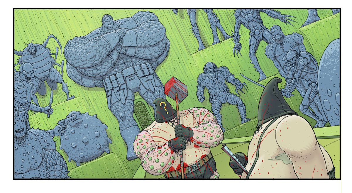 NickPitarra's tweet photo. I’ve jumped in to help finish off colors on #AxWielderJon with the mighty @TheComiKen in studio with me grinding away (while I wait on the remarque/signature sheets from the printer). We are so close now. #KaroshiComics Progress… https://t.co/tV1H6A9cMA