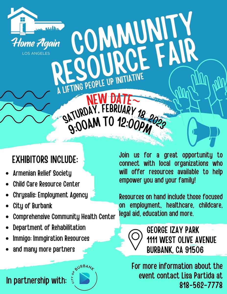 VoteNickSchultz's tweet photo. Join #HomeAgainLA for a community resource fair tomorrow, Feb. 18th, from 9:00 AM to 12:00 PM.
This event will take place at George Izay Park in #Burbank. It will feature exhibitors with resources on-hand for employment, healthcare, childcare, education assistance, and more! https://t.co/4rqNVs6b1B