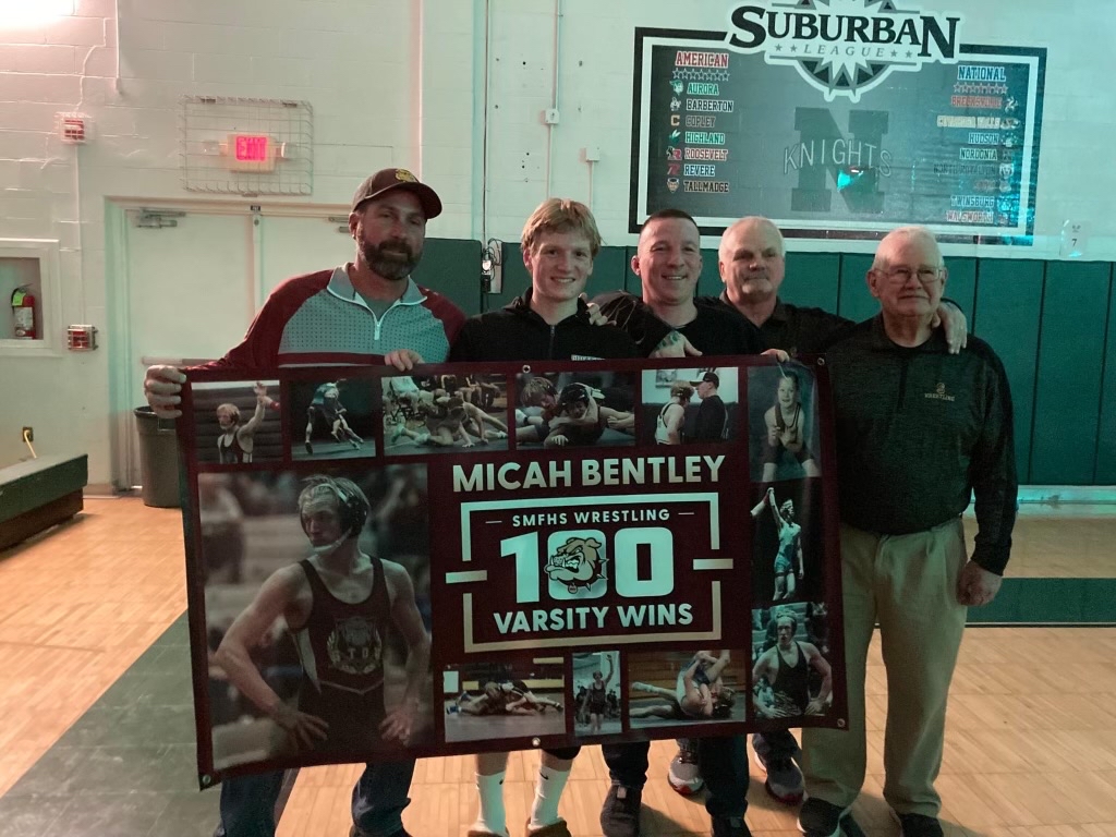 Micah Bentley won his 100th varsity match last night and will be honored at tonight’s game!  Micah is a three sport athlete and will be attending BGSU and running cross country in the fall! Congratulations, Micha! #bulldogpridecitywide