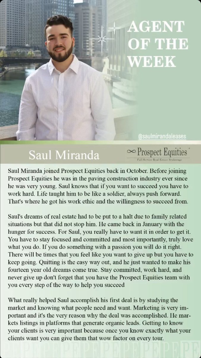 PrEq's tweet photo. Congrats to PE Agent of the Week Saul Miranda on closing his first deal this week at @PrEq #Chicago #PE #ProspectEquities #RealEstate #dedication #Realtor #agent #Producer https://t.co/QwxvNjjdOA