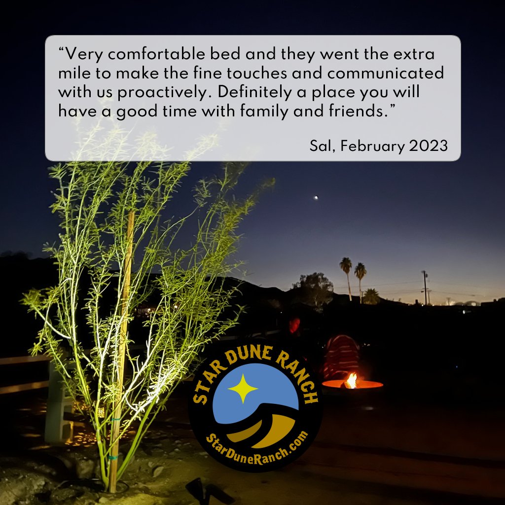 “Very comfortable bed and they went the extra mile to make the fine touches and communicated with us proactively” - Sal, February 2023

Experience Star Dune Ranch for yourself! ✨🤠🌵

Click the link in our bio or starduneranch.com/quick-links/
#joshuatree #airbnb #travel #airbnbhost