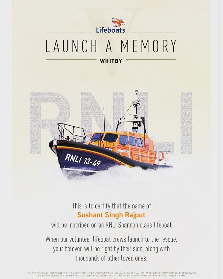<a href="/Uk_ssrians/">@Uk_ssrians</a> 

Celebrating <a href="/itsSSR/">Sushant Singh Rajput</a> 

His name to be etched on a few of the Uk Shannon class lifeboats.
The latest class of all-weather lifeboat to join the RNLI fleet. 
First modern lifeboat to be propelled by waterjets instead of traditional propellers.