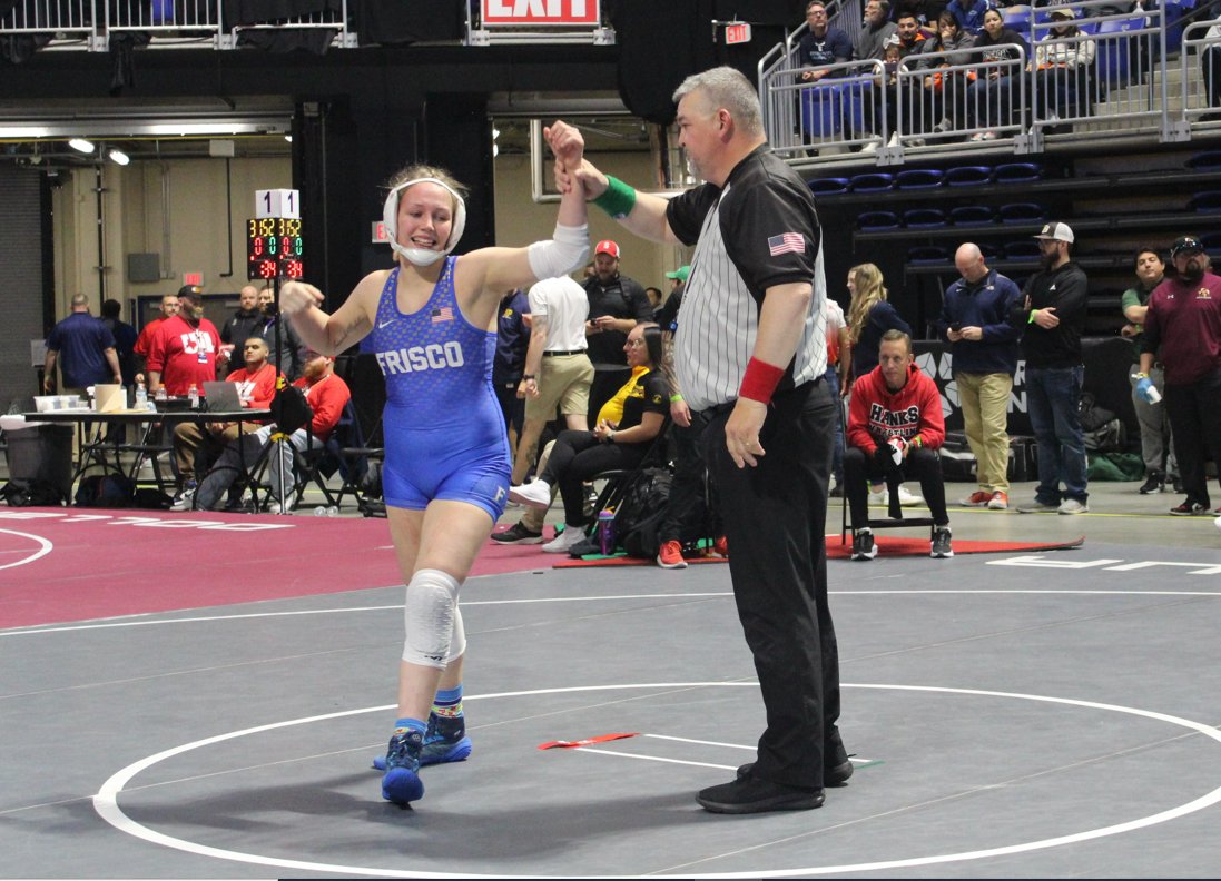 Friscoisdsports's tweet photo. Congratulations to Destiny Sims of @FHSRaccoons wrestling, who advanced to Saturday's 5A state semifinals in the 138-pound class. Go @friscoisd! https://t.co/x24iW53NHB