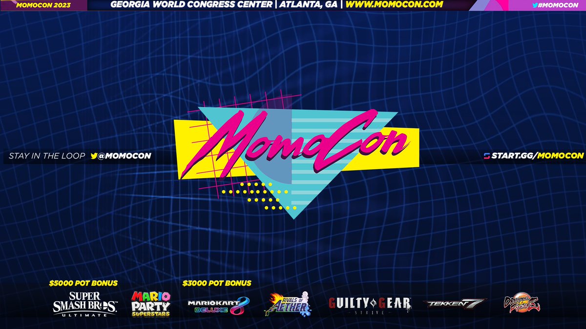 WELCOME BACK TO MOMOCON!

📅: May 25th - 28th
🏠: Atlanta Convention Center in Atlanta, GA
🎮: Ultimate, MK8DX, Rivals, Tekken, Strive &amp; Mario Party Superstars
💰: $8,000 in Pot Bonuses

We got some great things in store this year, don't miss out one bit!

start.gg/momocon