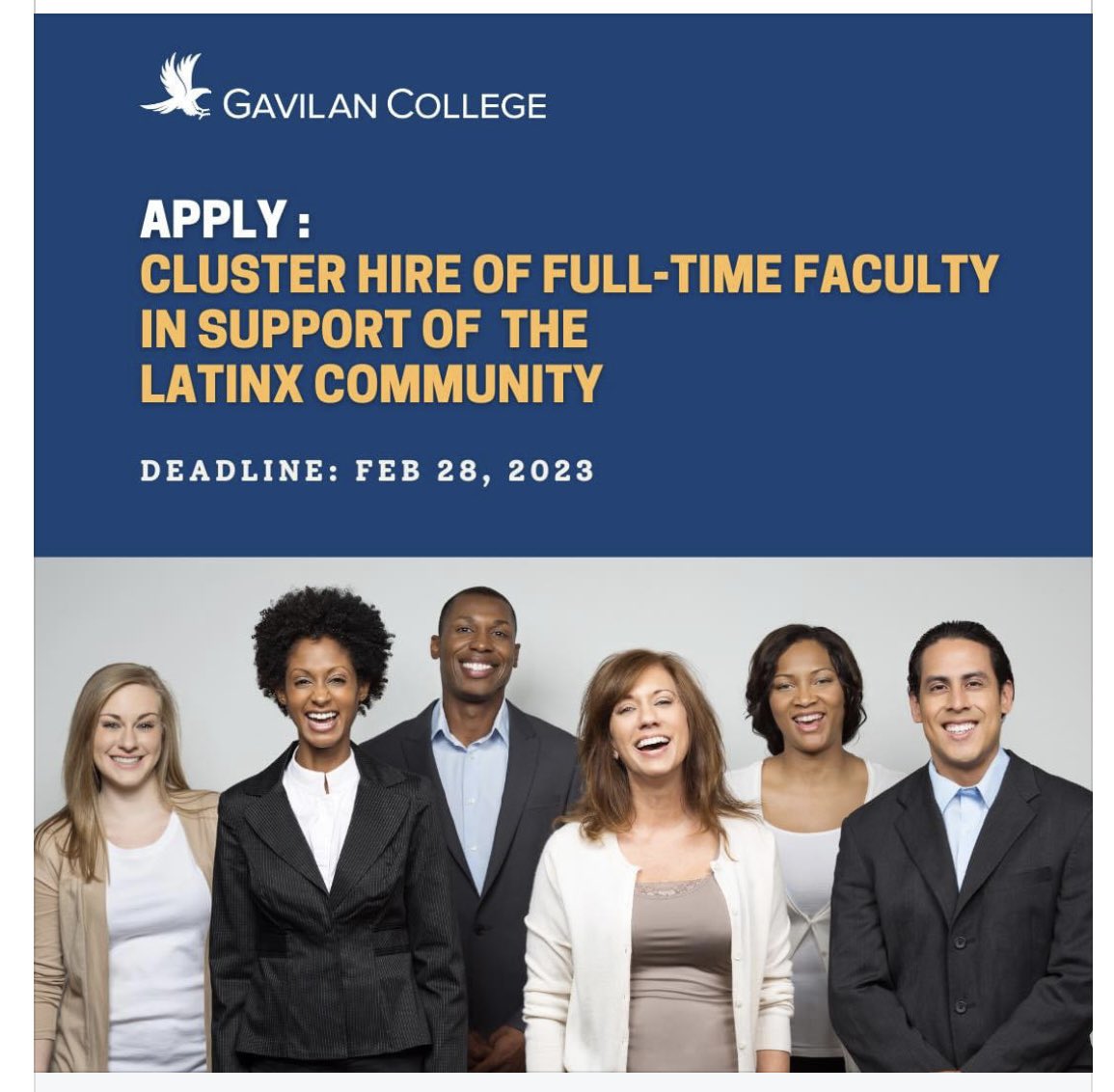 So proud of President Pedro Avila of @GavilanCollege hiring full-time faculty w a demonstrated history of working with & supporting Latinx Students to deepen commitment to racial equity APPLY go HERE: bit.ly/GavCluster. Deadline is February 28, 2023!