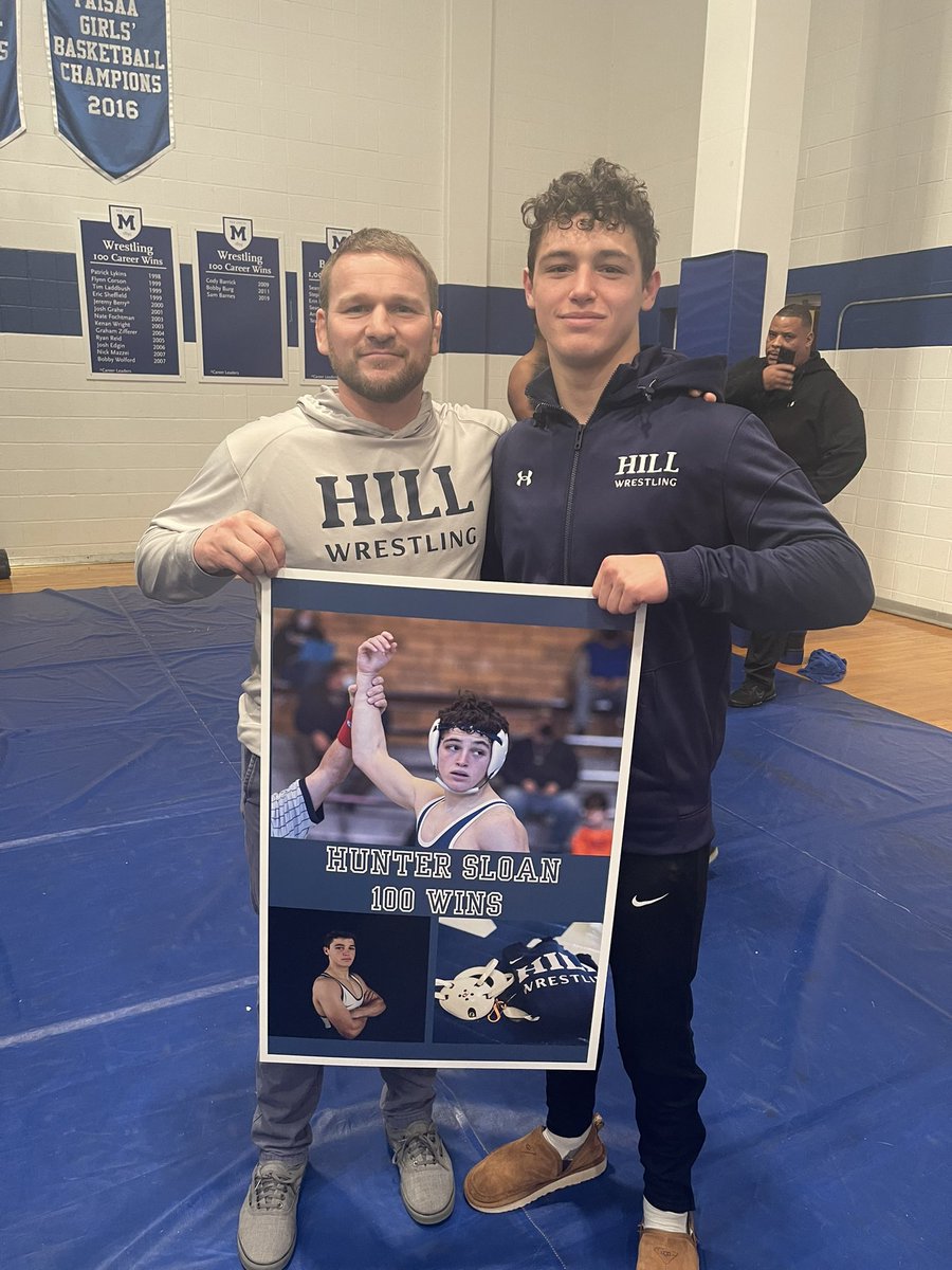 Congratulations to Hunter Sloan on his 100th career win! Hunter makes the second Hill wrestler this year to hit the 100-win milestone, joining Colby Isabelle, who hit the mark on December 28th at Prep Slam. Go Hill! 

<a href="/HillAthletics/">Hill Athletics</a>