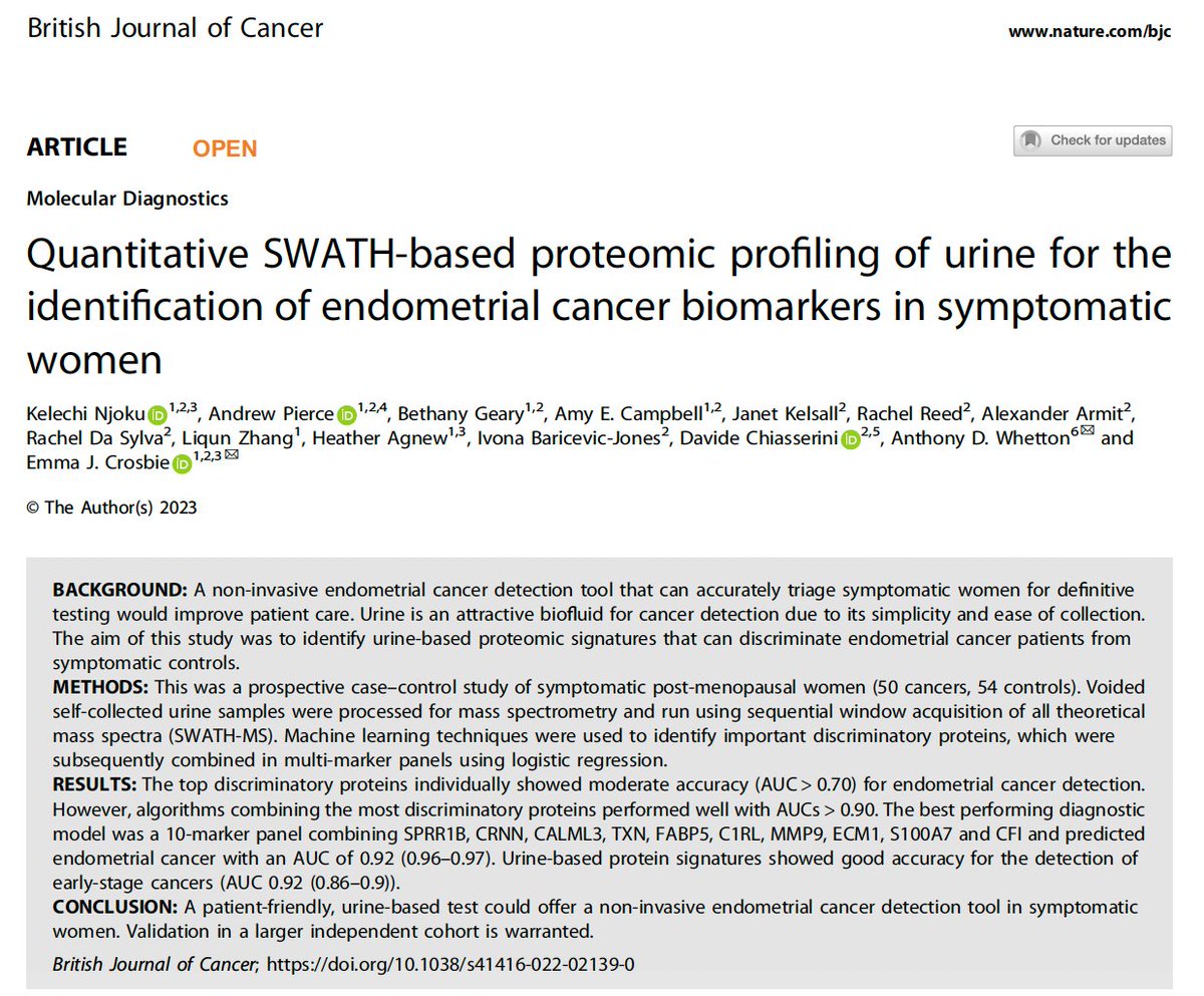 ProfEmmaD's tweet photo. Congrats @DrKC_Njoku @ECTeamSMH @MCRCnews on your new @BrJCancer paper, showing that a simple urine test can identify #endometrial #cancer in women with PMB. Towards a non-invasive detection tool! @BethGeary4 @drheatheragnew @FBMH_DocAcad 
Free here👇
https://t.co/HSbML5wTzN https://t.co/6NrG9R2UXP