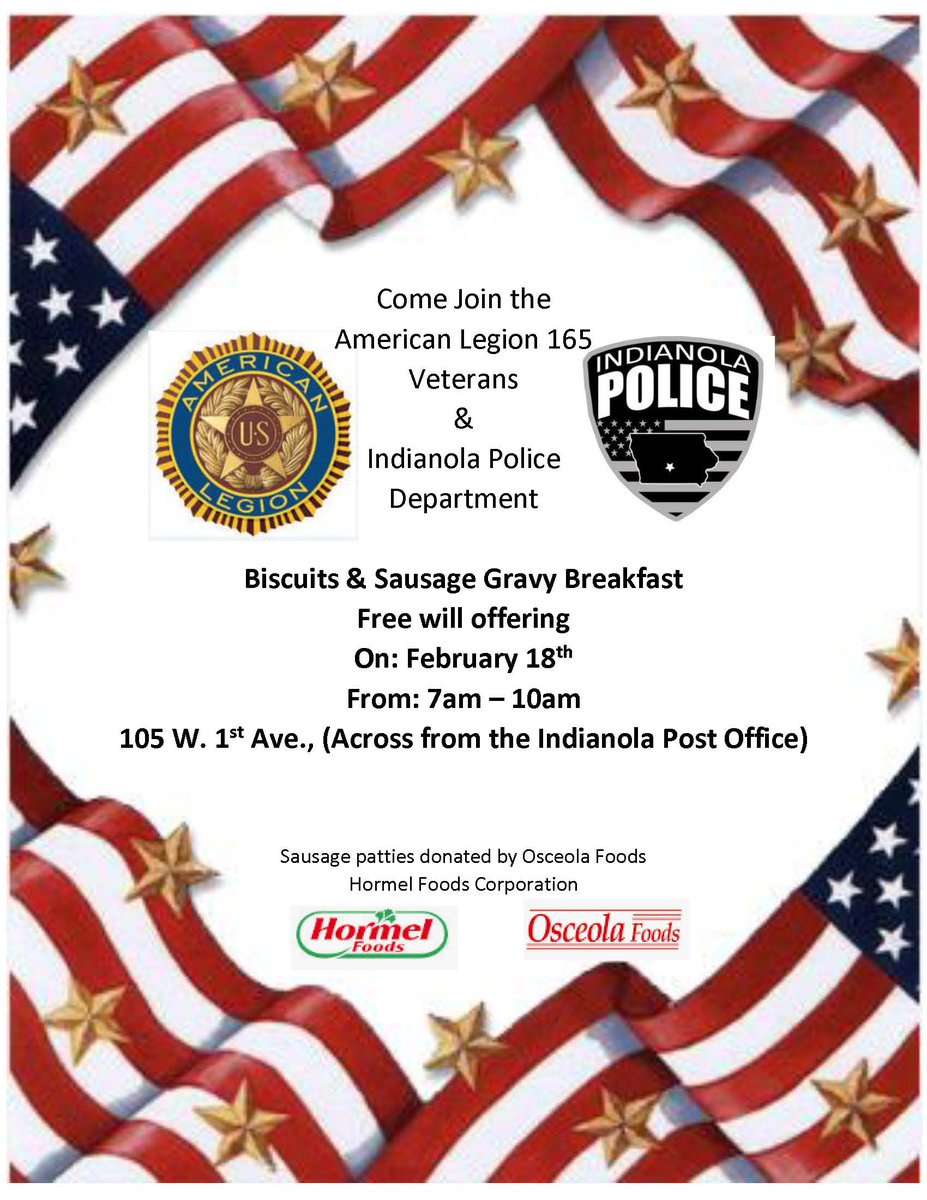 IndianolaPD's tweet photo. Don't forget to come see us at the American Legion tomorrow morning 2/18/2023 7-10am! https://t.co/p7XzEFt2iY
