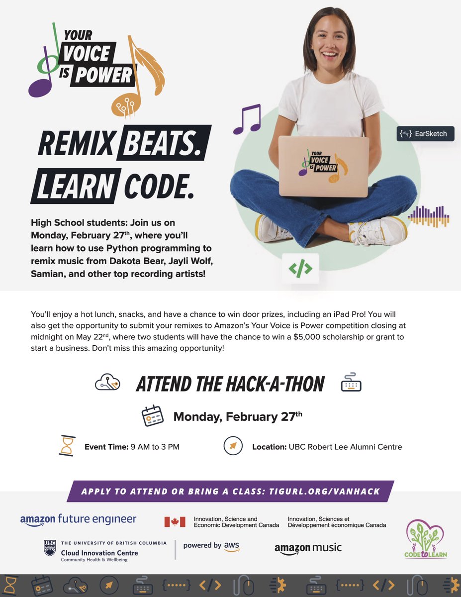 Michael Furdyk (@mfurdyk) on Twitter photo An amazing #YourVoiceIsPower Hackathon is coming up with <a href="/CICUBC/">UBC’s Cloud Innovation Centre (CIC)</a> on Feb 27th with a few spots left for #BCed classrooms! A day of interactive learning & inspiring Indigenous role models for Grade 9-12 students to learn from: Coding + Music + Social Change! tigurl.org/vanhack An amazing #YourVoiceIsPower Hackathon is coming up with <a href="/CICUBC/">UBC’s Cloud Innovation Centre (CIC)</a> on Feb 27th with a few spots left for #BCed classrooms! A day of interactive learning & inspiring Indigenous role models for Grade 9-12 students to learn from: Coding + Music + Social Change! tigurl.org/vanhack