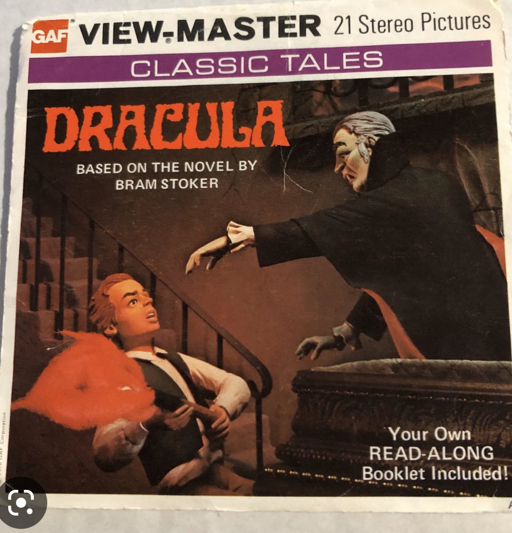 In 1976 the Viewmaster toy company released a stereoscopic depiction of Bran Stoker’s Dracula across 3 discs/ reels. Here are all the pictures showcasing some fantastic dioramas of the famous vampire tale. #thread