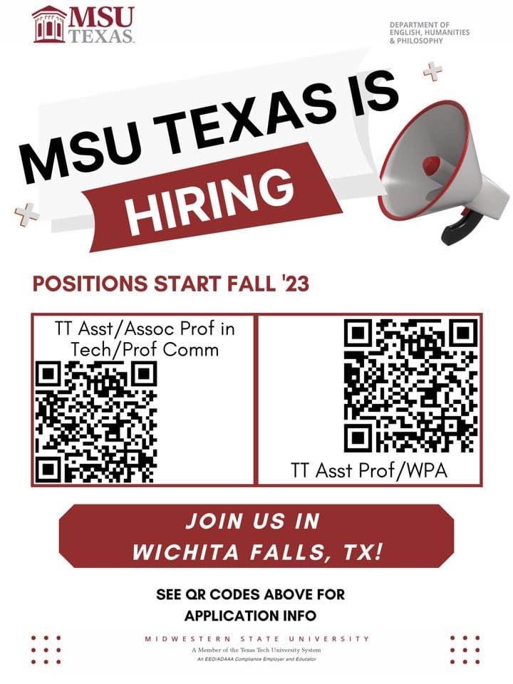 Friends on the job market! Check out these two positions at MSU Texas! Come be my collaborator and accomplice ;) #4C23 #rhetcomp