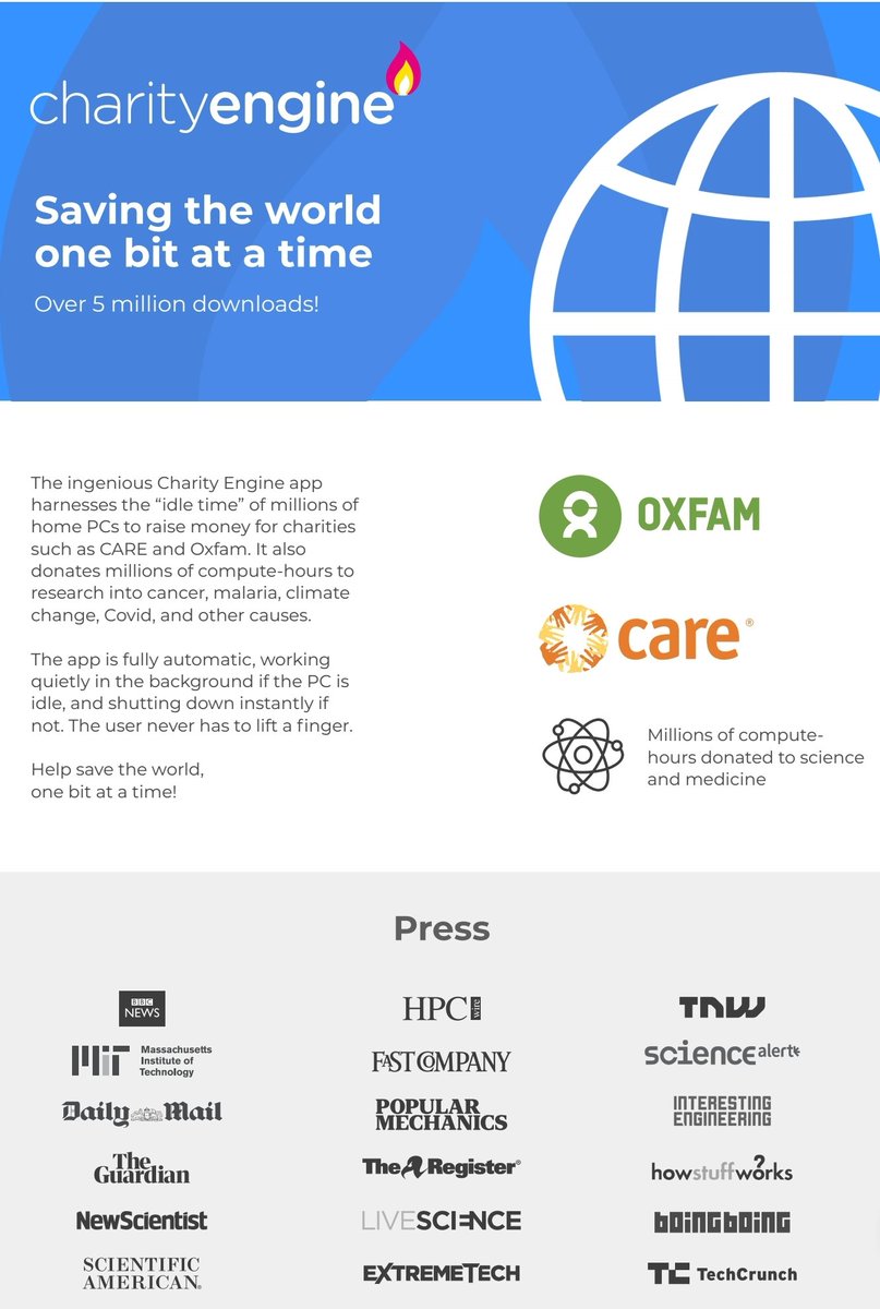 Charity Engine grid has over 500k nodes, a MILLION CPU cores and 100k GPUs.

Low cost, low-carbon #cloud computing at scale. Fully integrated with #Docker, #Wolfram Language and #ETH.

What could you do with a planetary supercomputer? #HPC #AI #ML #Analytics #WebScraping #BigData