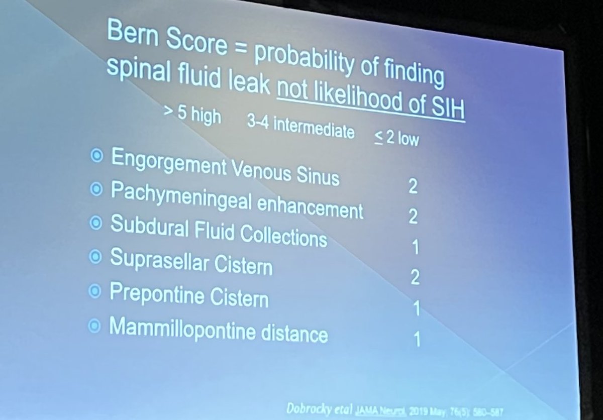 Only apply #Bern score to probability of #CSFleak and not likelihood of #SIH 🧠Low score does not rule out #SIH Dr Leithe presents #DHC #SanDiego ⁦@ahsheadache⁩ ⁦@AANmember⁩ ⁦@WNGtweets⁩ #Positional #Headache ⁦⁦@Duke_Neurology⁩