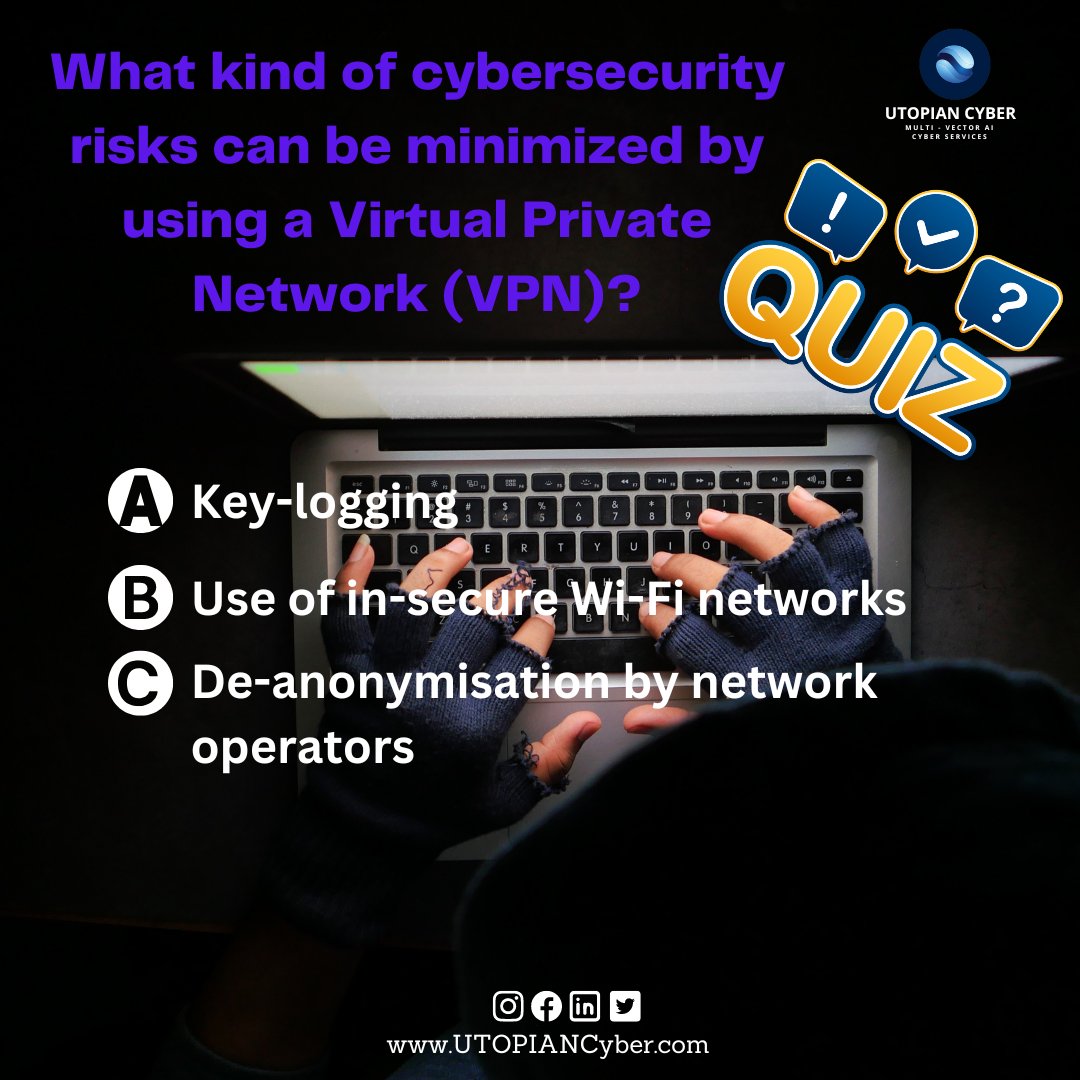 UTOPIANCyberLLC's tweet photo. What kind of cybersecurity risks can be minimized by using a Virtual Private Network (VPN)?
Comment down your answer.
#UTOPIANCyberLLC #cybersecurity #ransomware #malware #cybervulnerabilities #cybersystem #cybersecurityawareness #datasecurity #cybervulnerabilityremediations https://t.co/PQaw1HDiyx
