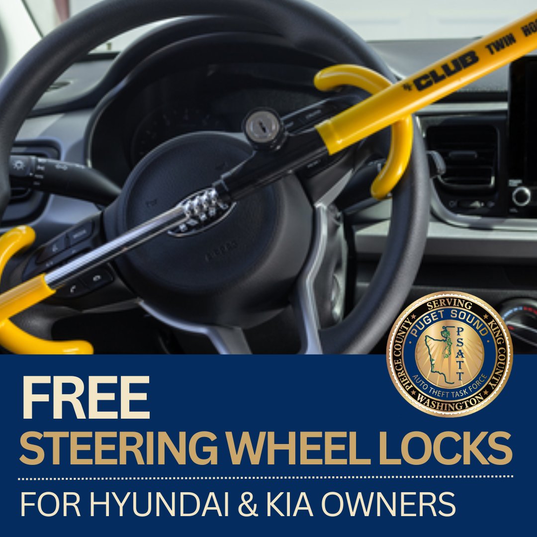 nwnewsradio's tweet photo. Some FREE steering wheel locks for KIA/ HYUNDAI models now available at police depts. in Pierce County. Listen 7 a.m. Sunday #PugetSoundNow, https://t.co/8sisRb8u0p, for in-depth look at vehicle thefts, common sense prevention tips. https://t.co/yMEwCuudzd
