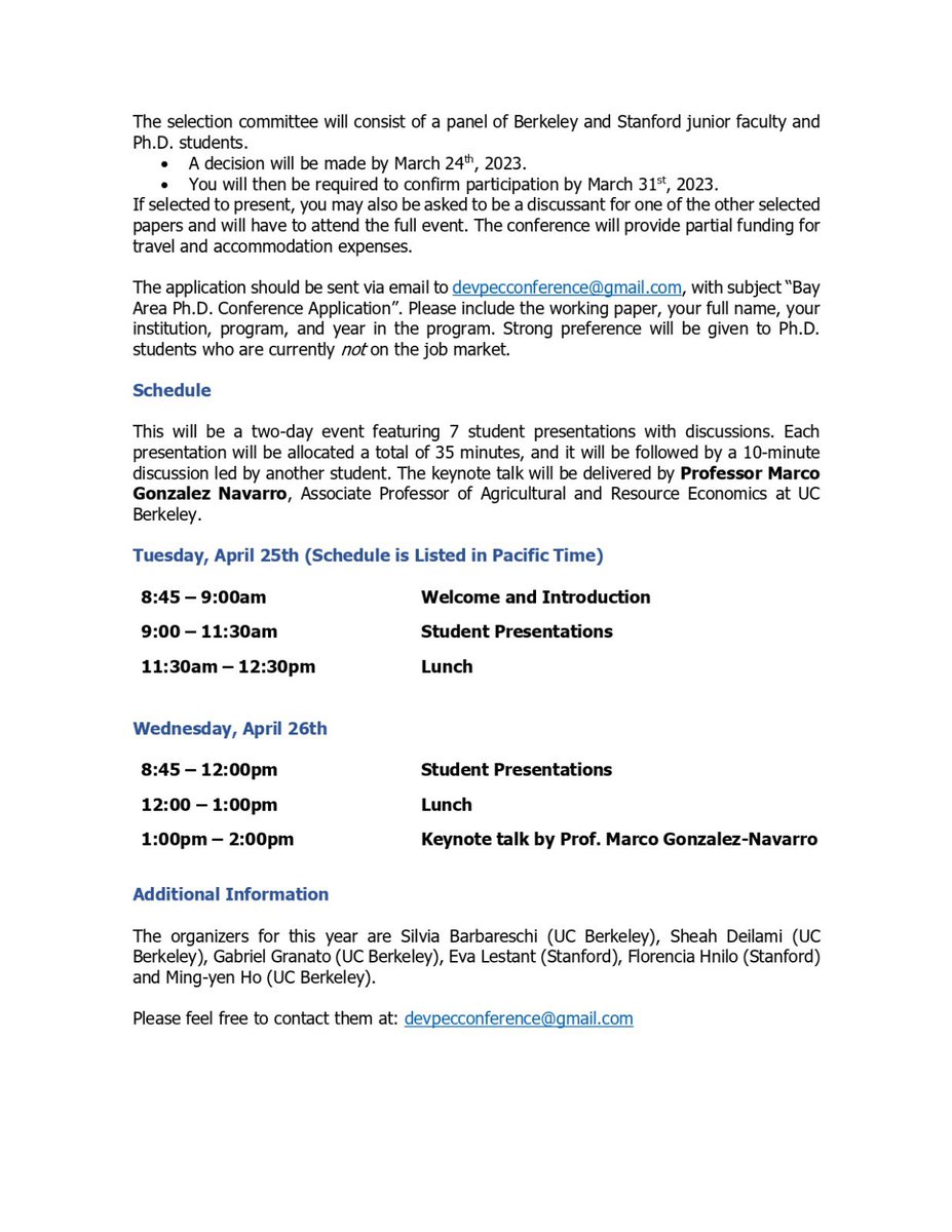 Silvia Barbareschi (@silviabarbares3) on Twitter photo DevPEC PhD Student Conference will take place on April 25-26, 2023. It's an excellent opportunity to present your work & get feedback from peers & faculty <a href="/UCBerkeley/">UC Berkeley</a> & <a href="/Stanford/">Stanford University</a>. Keynote speaker is Professor Marco Gonzalez Navarro <a href="/marcogleznav/">MarcoGonzalezNavarro</a>! Apply by March 10th #EconTwitter DevPEC PhD Student Conference will take place on April 25-26, 2023. It's an excellent opportunity to present your work & get feedback from peers & faculty <a href="/UCBerkeley/">UC Berkeley</a> & <a href="/Stanford/">Stanford University</a>. Keynote speaker is Professor Marco Gonzalez Navarro <a href="/marcogleznav/">MarcoGonzalezNavarro</a>! Apply by March 10th #EconTwitter