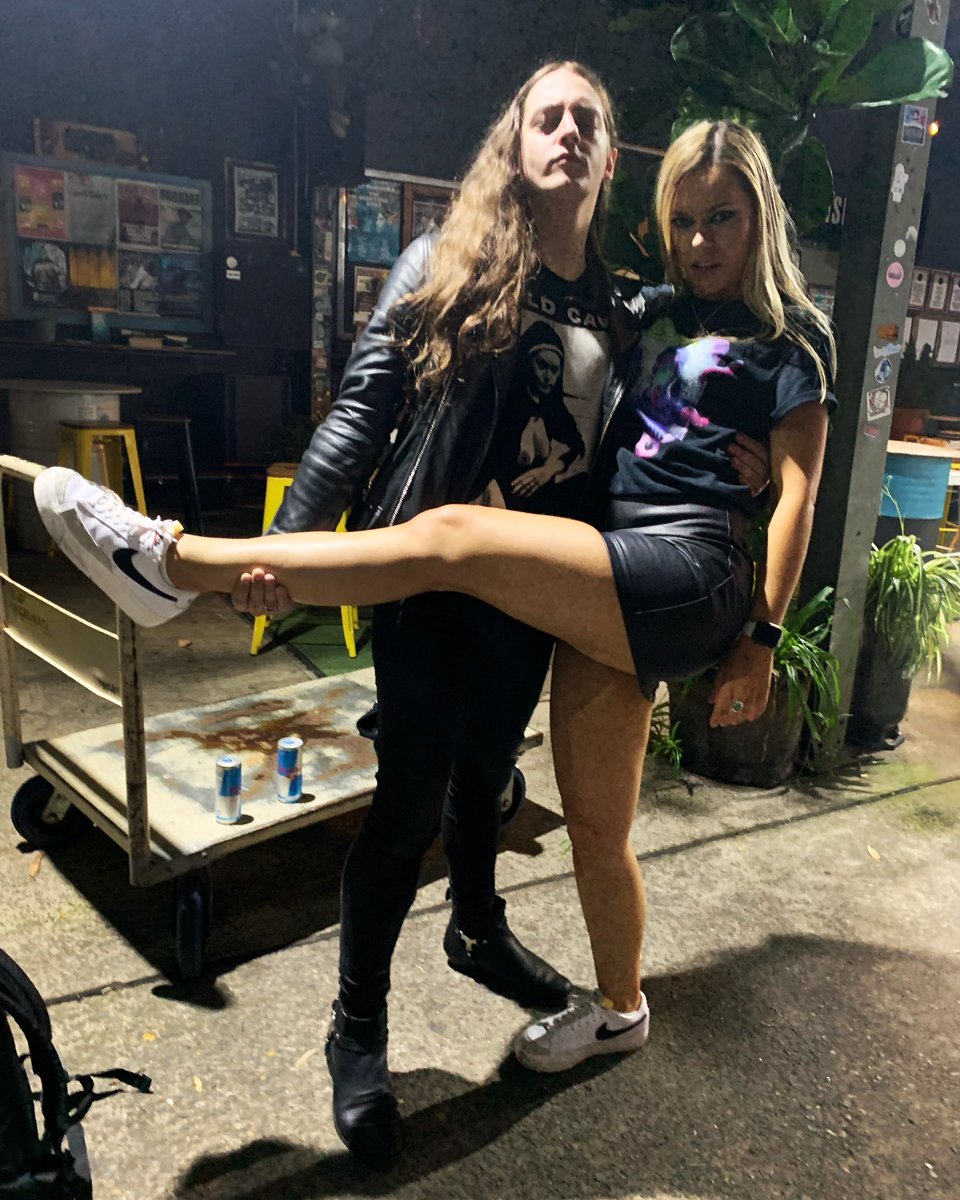 NukePukeEm's tweet photo. @The_Perturbator and @gost1980s absolutely tore shreds off Sydney! Can’t believe these photos are 6 years apart! @lloydkaufman #dedderz #perturbator #gost #troma #dreadwave #leg https://t.co/MWO6xORDf1