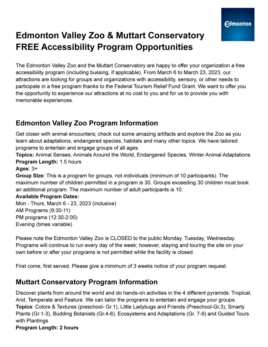 zacharyweeks's tweet photo. Exciting news! #EdmontonZoo & @yegmuttart are offering a FREE accessibility program (incl. bussing) for groups with disabilities from Mar 6-23, 2023. #EdmontonZoo #MuttartConservatory #AccessibilityProgram #FreeExperience #FederalTourismReliefFundGrant https://t.co/q6SagfnT9a