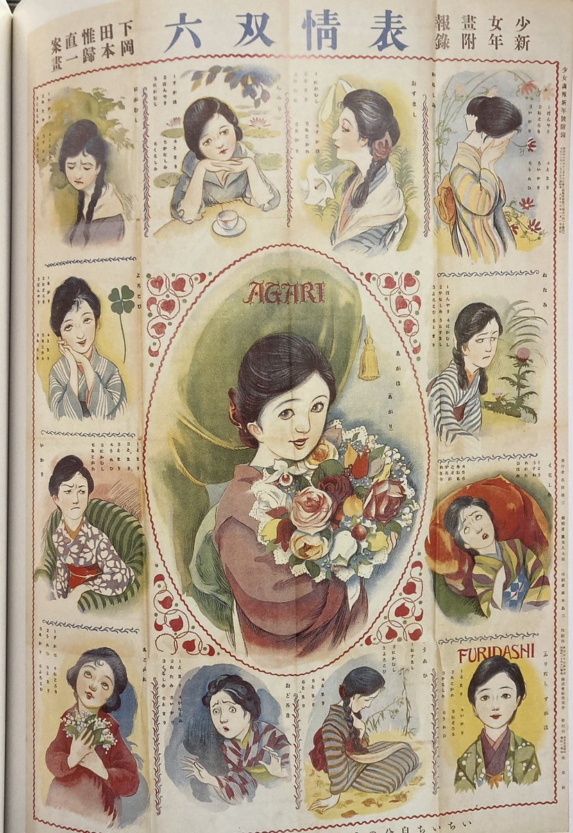 江戸東京博物館でやった絵すごろく展の図録より『表情双六』。大正13年 岡本帰一画。自分のコマが止まった場所でその表情をしなくてはならない。「すがお」もいいけど「いかり」「ねたみ」「くるしみ」等の変顔がかわいいこと。 