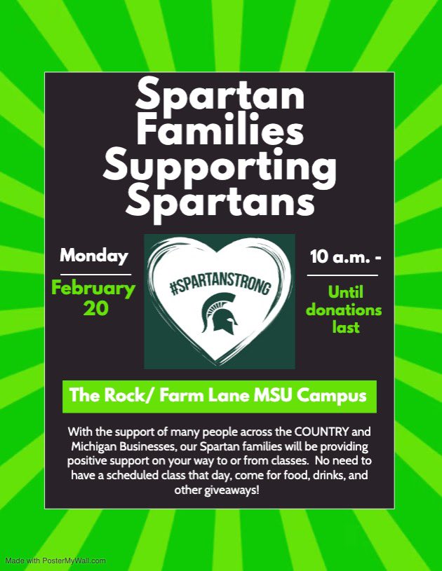 Kim Cieszynski (@kimcieszynski1) on Twitter photo MSU Families gather to support students as they return to the campus we love! Donations needed!!! π #SpartanStrong
<a href="/MSU_Athletics/">Michigan State Athletics</a> @TuckComin_MSU <a href="/MSU_Basketball/">Michigan State Men's Basketball</a> <a href="/MSU_Football/">Michigan State Football</a> <a href="/GovWhitmer/">Governor Gretchen Whitmer</a> MSU Families gather to support students as they return to the campus we love! Donations needed!!! π #SpartanStrong
<a href="/MSU_Athletics/">Michigan State Athletics</a> @TuckComin_MSU <a href="/MSU_Basketball/">Michigan State Men's Basketball</a> <a href="/MSU_Football/">Michigan State Football</a> <a href="/GovWhitmer/">Governor Gretchen Whitmer</a>