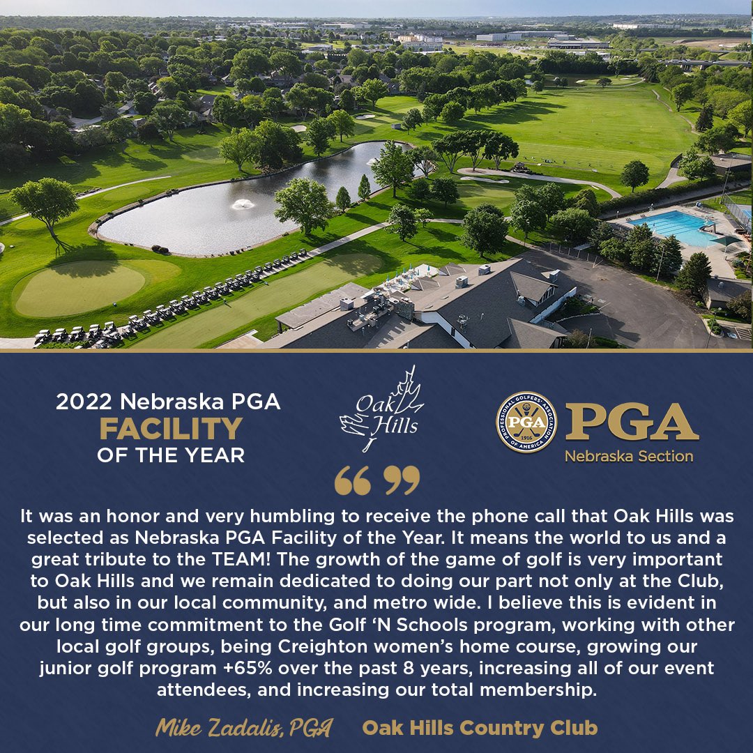 NebraskaPGA's tweet image. “This is an incredible honor.. an honor for our entire staff.” 🙌

@oakhillsomaha named the 2022 NEPGA Facility of the Year! ⛳️ 

🔷410 participants in junior programs
🔷Continued support of NEPGA &amp;amp; @NGAgolf events
🔷Renovated entire back-nine, bunkers, clubhouse, kitchen &amp;amp; more!