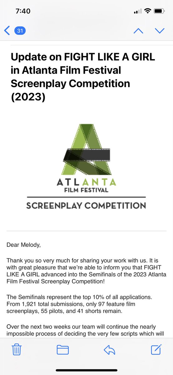 Write_Herr's tweet photo. I’m thrilled to announce that my short film, FIGHT LIKE A GIRL, has advanced to the semifinals! Thank you @atlantafilmfestival for the recognition! #ScreenwritingTwitter #screenwriter #WritingCommunity #screenwriters #PreWGA #RoadmapTT https://t.co/BPcrmoGXQs