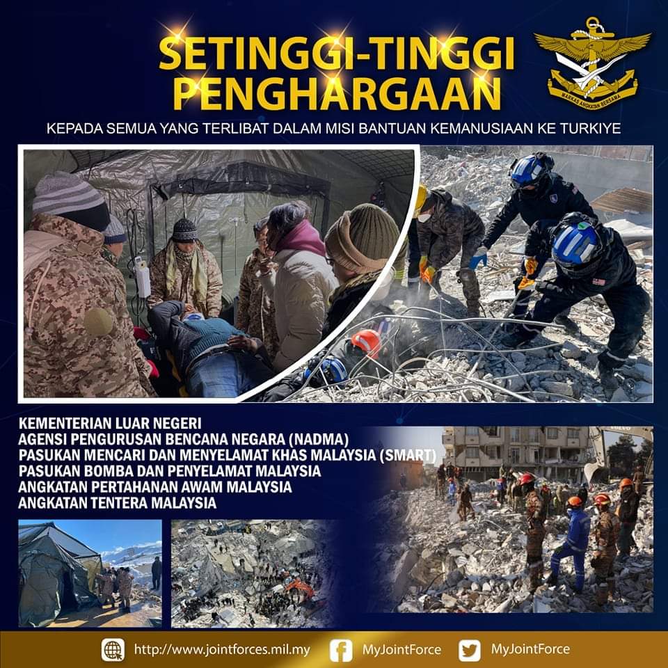 Setinggi-tinggi penghargaan kepada semua agensi terlibat misi bantuan kemanusiaan di Turkiye.

#MarkasAngkatanBersama
#BerjuangBersama
#OpStarlightII