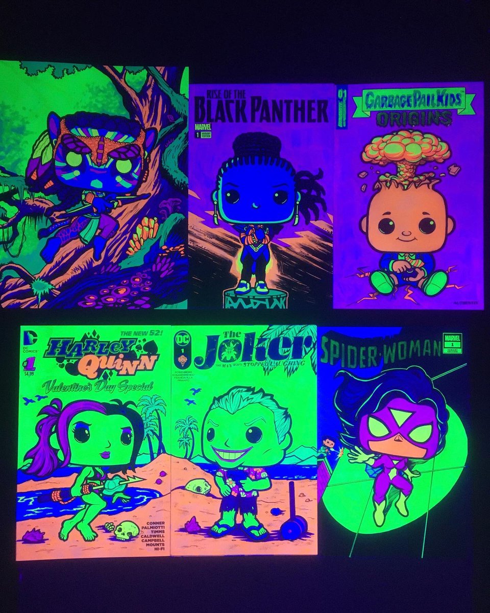 zeolee3's tweet photo. First Black Light 2023 🔦 

Available for the order now.
Regular and small prints are also included for each style. 
 
Avatar - Battle Neytiri
Shuri
Adam Bomb
Harley Quinn (Beach) 
Joker (Beach)
Spider-Woman

#funkoblacklight #blacklightart #dccomics #marvelcomics #gpk #avatar https://t.co/kWisy8x4t5