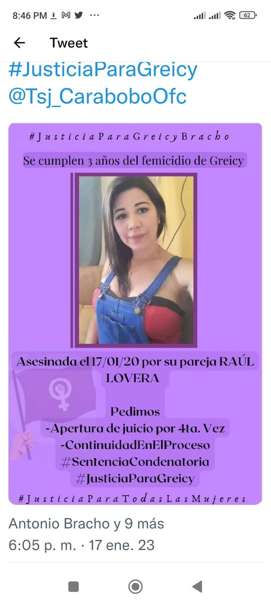 manuelita1504's tweet photo. #17Feb
Caso Greyci Bracho
#Femicidio #Carabobo 
Juicio Interrumpido 3 VECES
#AperturaDeJuicio x 4ta.Vez
6/2/23: Audiencia Diferida No compareció Defensa 
1/3/23: Próx. Notificación
#ContinuidadEnElProceso
#JusticiaParaGreicy
@gladysrequena
@IGTaldia
@JusticiaMujerVe
@mdiazmendoza https://t.co/jyyrmiikT7
