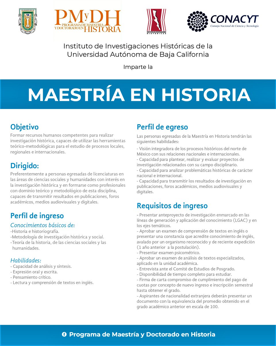 HISTORICAS_UABC's tweet photo. MAESTRÍA EN HISTORIA
Próxima Convocatoria en Mayo de 2023.
Programa de Maestría y Doctorado en Historia
@PMDH_UABC #PosgradoUABC
https://t.co/FZPFAvqk3e https://t.co/a7etwaHmC4