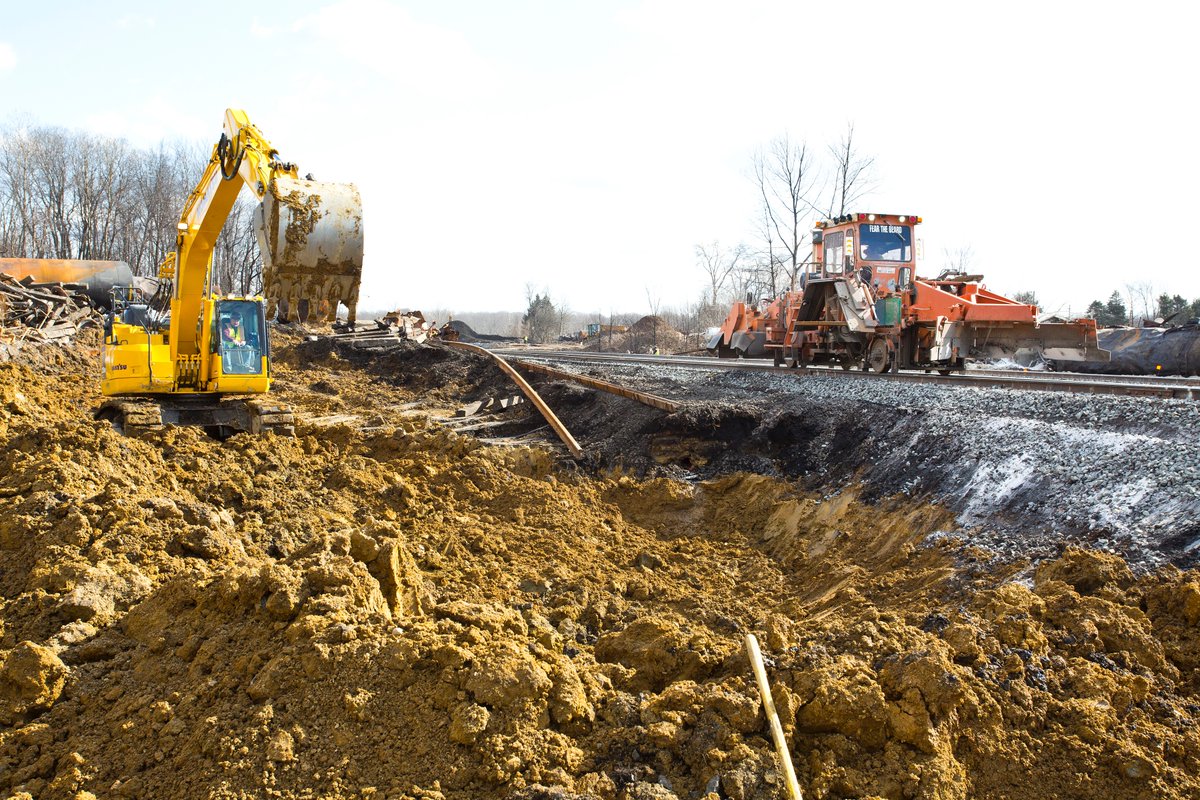 Heavy equipment removes soil on and below the surface. Contaminated soil is removed from the site and transported for treatment.