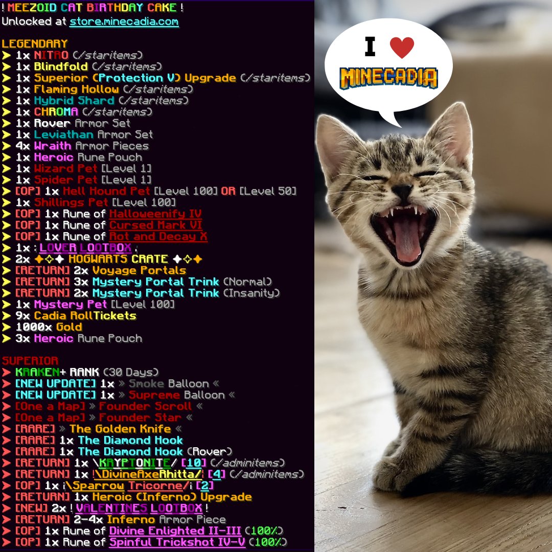 PlayMinecadia's tweet image. Happy 1ST Birthday to @MeeZoid&apos;s CAT! In celebration, we have released a special Cat Birthday Cake on Factions! Make sure to wish his Cat on his special day!

Giveaway:
😼1x Cat Birthday Cake
😼 2x Cat Birthday Cake
🪙 3,500x Gold

Follow, Retweet, and Like to enter😻