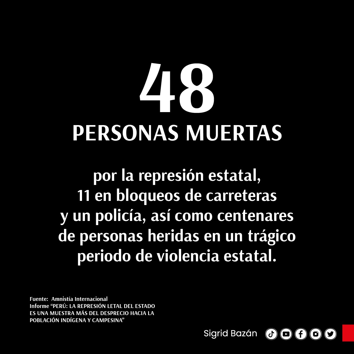 sigridbazan's tweet photo. El uso excesivo de la fuerza y las graves violaciones de derechos humanos ¡no se callan, se denuncian! Comparto algunas datos sacados del demoledor informe de Amnistía Internacional sobre las violentas represiones en el Perú. https://t.co/xcZXe1OmrC