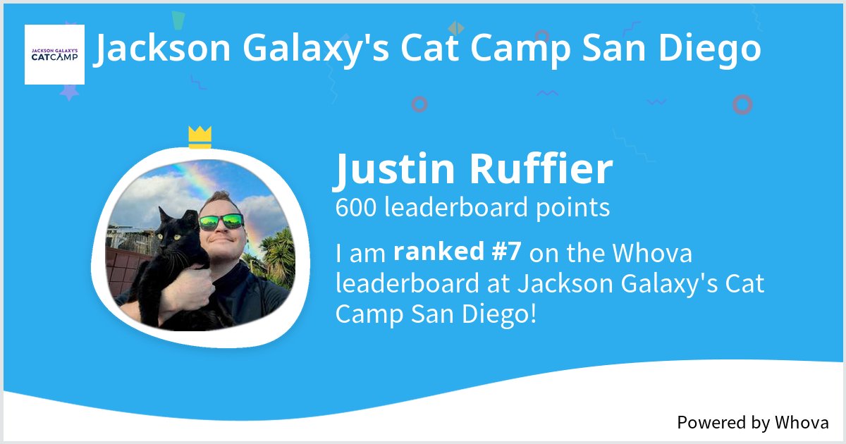 I ranked #7 on the Whova leaderboard at Jackson Galaxy's Cat Camp San Diego!  - via #Whova event app