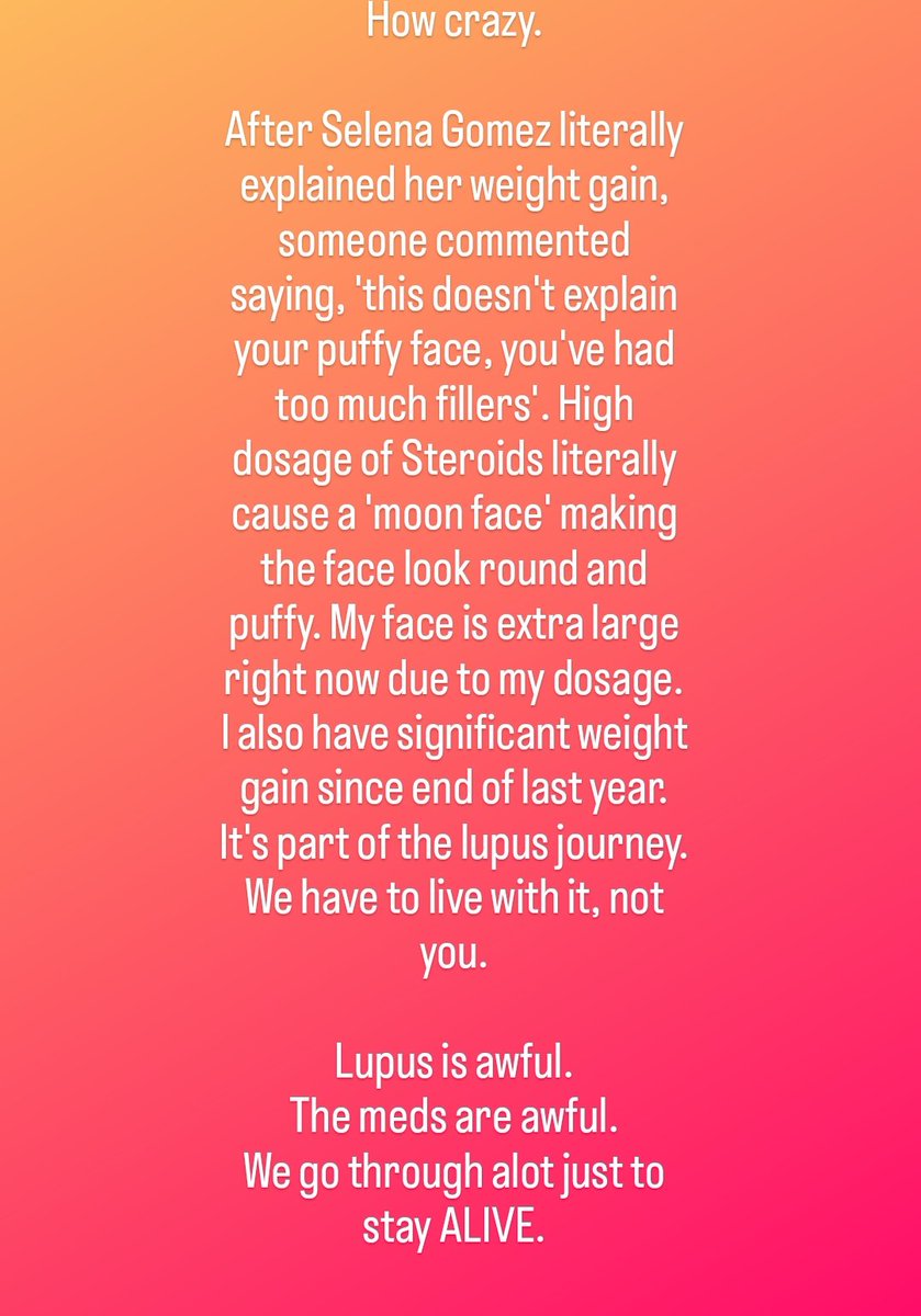 Lupus_Gurl's tweet image. I&apos;m so sad for @selenagomez . I struggle enough with how much my appearance changes when I&apos;m on high dosages of Lupus meds and when I&apos;m in a Lupus nephritis flare. I can&apos;t imagine millions of people watching and judging 🥺 #Lupus #lupusproblems #SelenaGomez