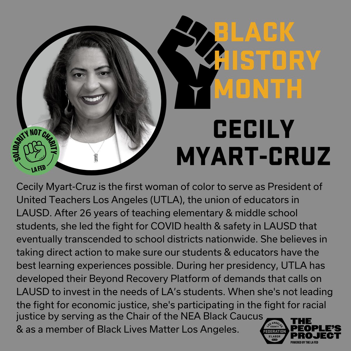 We're honored to recognize President of @UTLANow, Cecily Myart-Cruz! She led the fight for COVID safety measures in LAUSD to ensure all had a healthy learning experience. 🍎  Oh, &amp; did we mention she is the FIRST #WOC to be UTLA President? 💅🏽 Learn more @ bit.ly/3xwPMNL