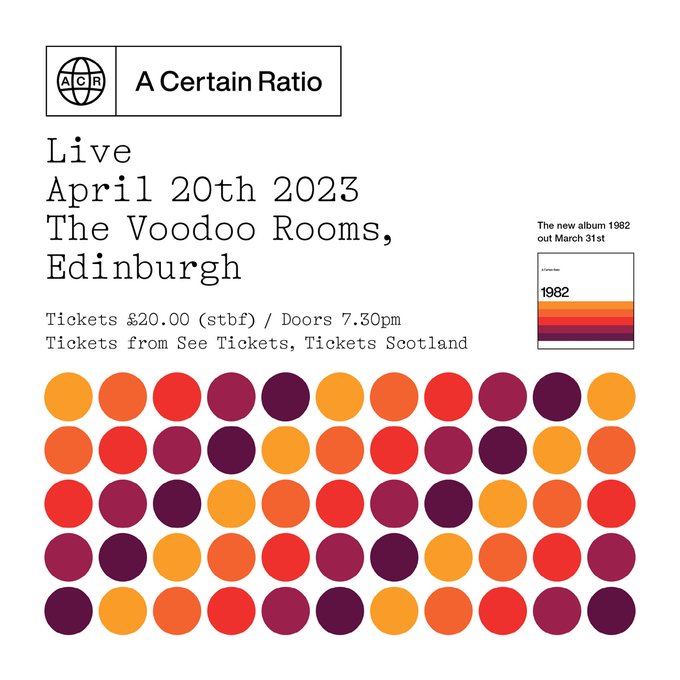 A CERTAIN RATIO

Live at The Voodoo Rooms

April 20th, 2023 

More info at rencom.co.uk/events/a-certa…

@acrmcr @voodoorooms @seetickets @ticketsscotland @martinmoscrop @jez_kerr @acrmcr23 

#edinburgh