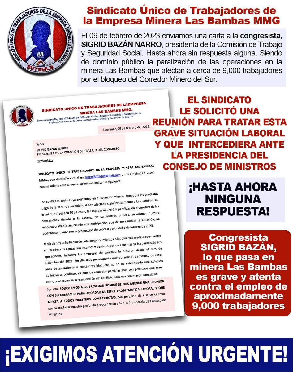 SUTLasBambas's tweet photo. Sindicato Único de Trabajadores de la Empresa @MineraLasBambas, @SUTLasBambas, demandamos a la congresista @sigridbazan, presidenta de la Comisión de Trabajo @congresoperu, atención urgente a nuestra solicitud. Carta: 🅾️ https://t.co/3RAUaE8Mun
@MiguelCicciaV @chabelitacongre https://t.co/9lw7C0GvCN