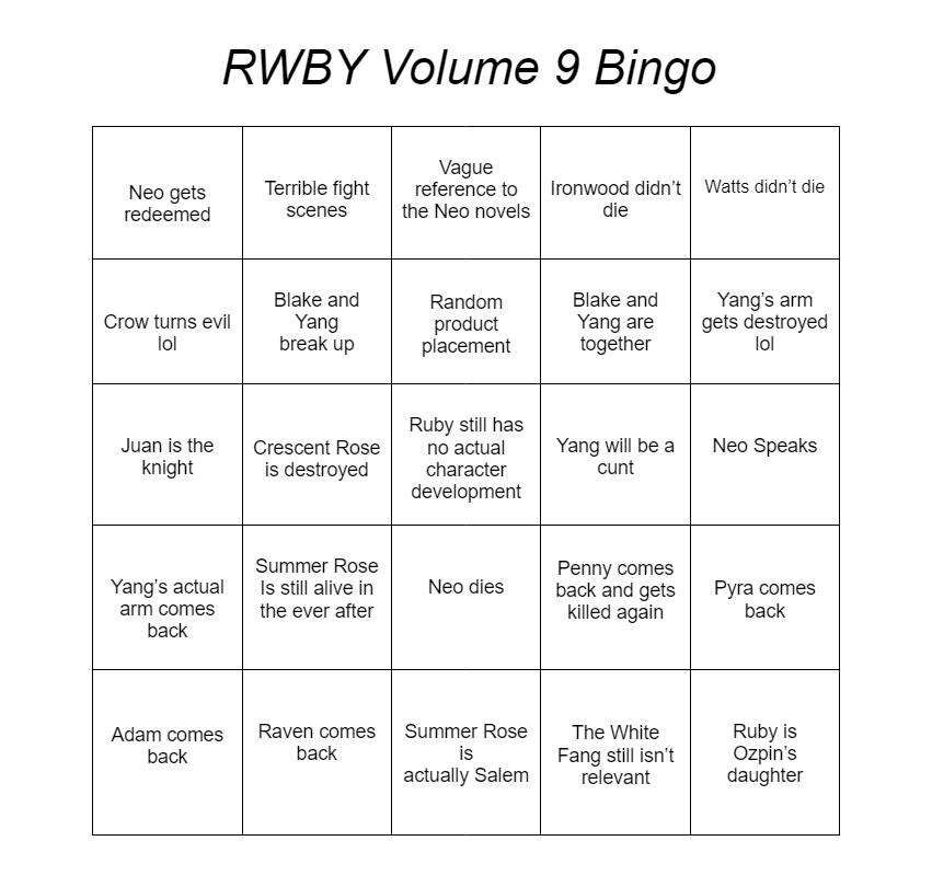 LeShadowCouncil's tweet image. I will be doing a "watching so you don't have to" with RWBY's next volume coming out tomorrow, here is my bingo card lol