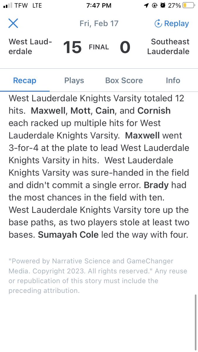 Perfect NoNo Alert 🚨 Awesome defense tonight by Lady Knights!  
⭕️5IP, 10k, 0bb, 0 hits 
<a href="/WLsoftball1/">West Lauderdale Softball</a> @HotshotsLawson  #bangbang <a href="/sydney_wicker/">syd</a> <a href="/MSPreps/">Clarion Ledger Preps</a> <a href="/meridianstar/">The Meridian Star</a>