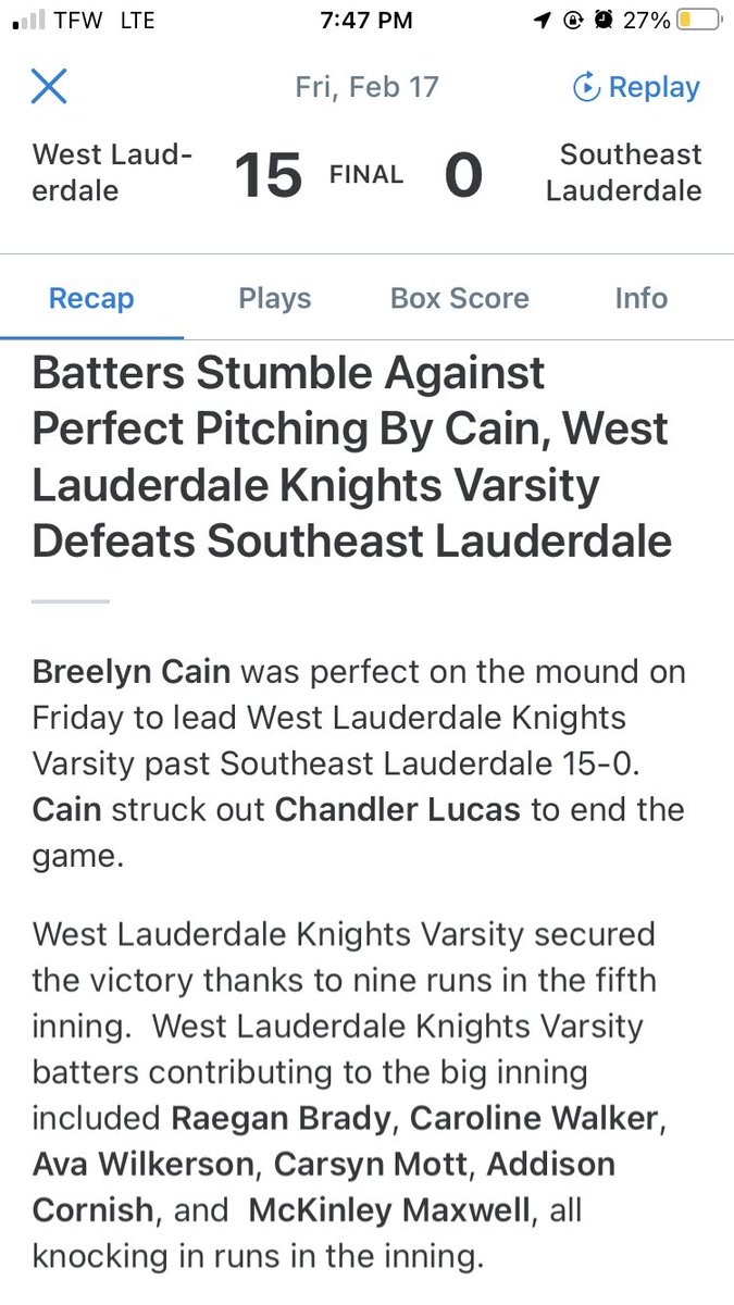 breelyncain11's tweet photo. Perfect NoNo Alert 🚨 Awesome defense tonight by Lady Knights!  
⭕️5IP, 10k, 0bb, 0 hits 
@WLsoftball1 @HotshotsLawson  #bangbang @sydney_wicker @MSPreps @meridianstar https://t.co/NRU692mZgp