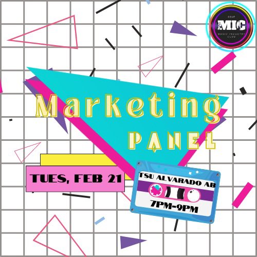 💜 Marketing Panel 💙

Join us for our Marketing Panel this Tuesday (2/21) at 7PM! 🎶📈 
Location: TSU Alvarado AB 📍

We hope to see you there! 🥳
#csuf #csufmic #commcsuf #csufullerton #musicindustry #bicccsuf #business