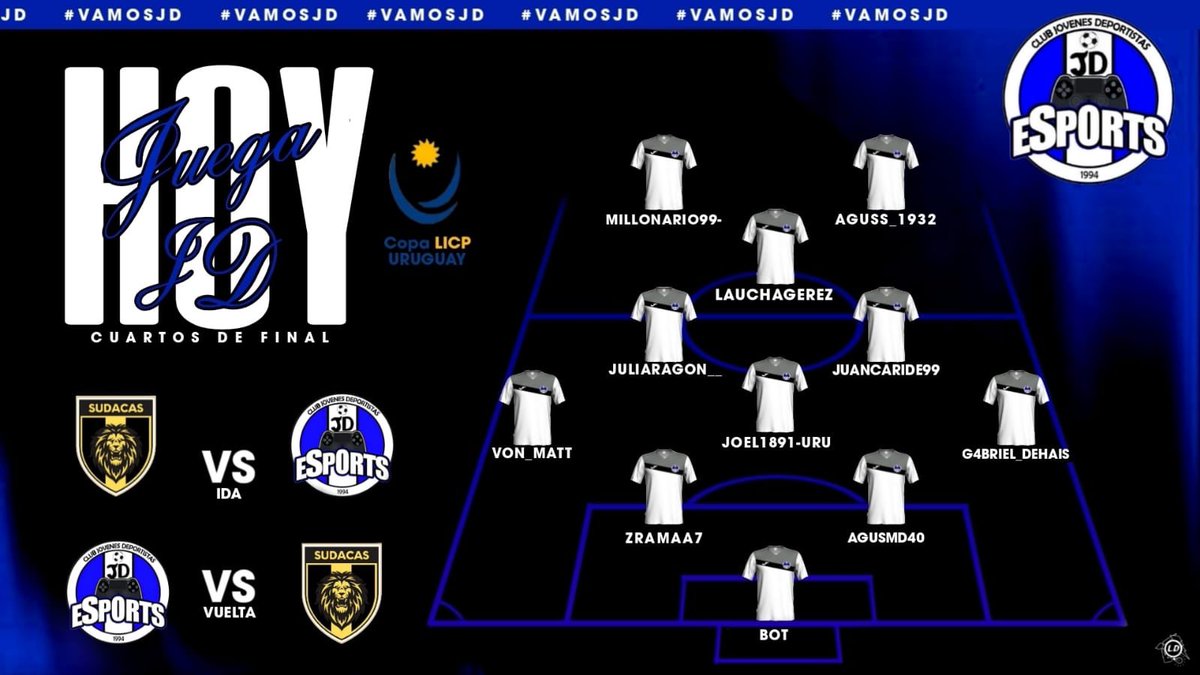 Arrancan los 4tos de final para JD. Hoy jugamos un partido difícil para estar entre los 4 mejores de la Copa LICP Uruguay.

🗓 Cuartos de Final
🆚 Sudamerica 24
⏰ 00:00 y 00:30